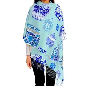 Elegant Warm decorative ginger jar print tassel edge scarf shawl